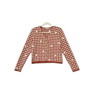 Madewell Women's Cotton Blend Russet Daisy Embroidered Gingham Cardigan Sweater